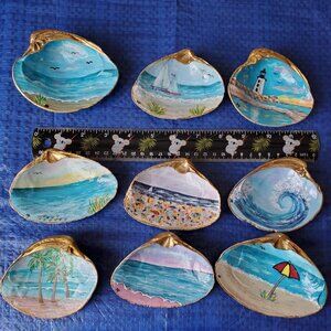 BEAUTIFUL HAND PAINTED SHELLS, OCEAN, BEACH, LIGHTHOUSE, PALMS,
